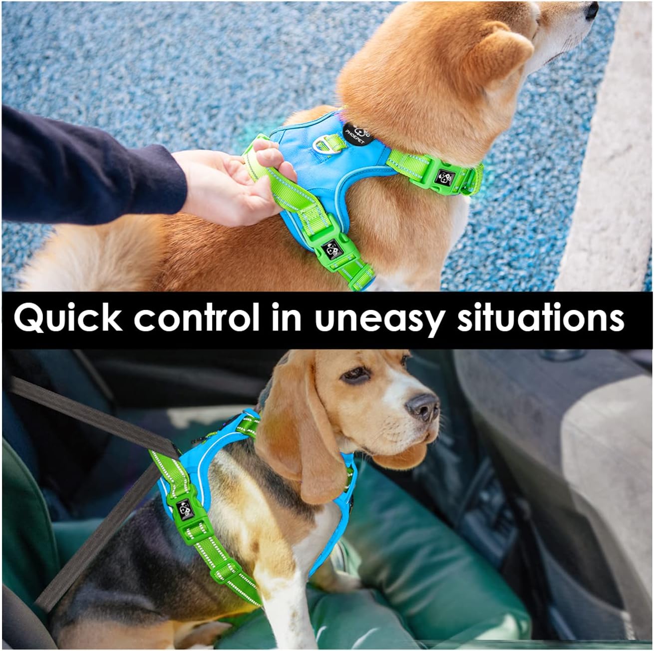 Thumbnail 3 de PHOEPET Dog Harness No Pull – Escape Proof adjustable reflective vest with front training clip, padded control handle (Blue/Green, S)