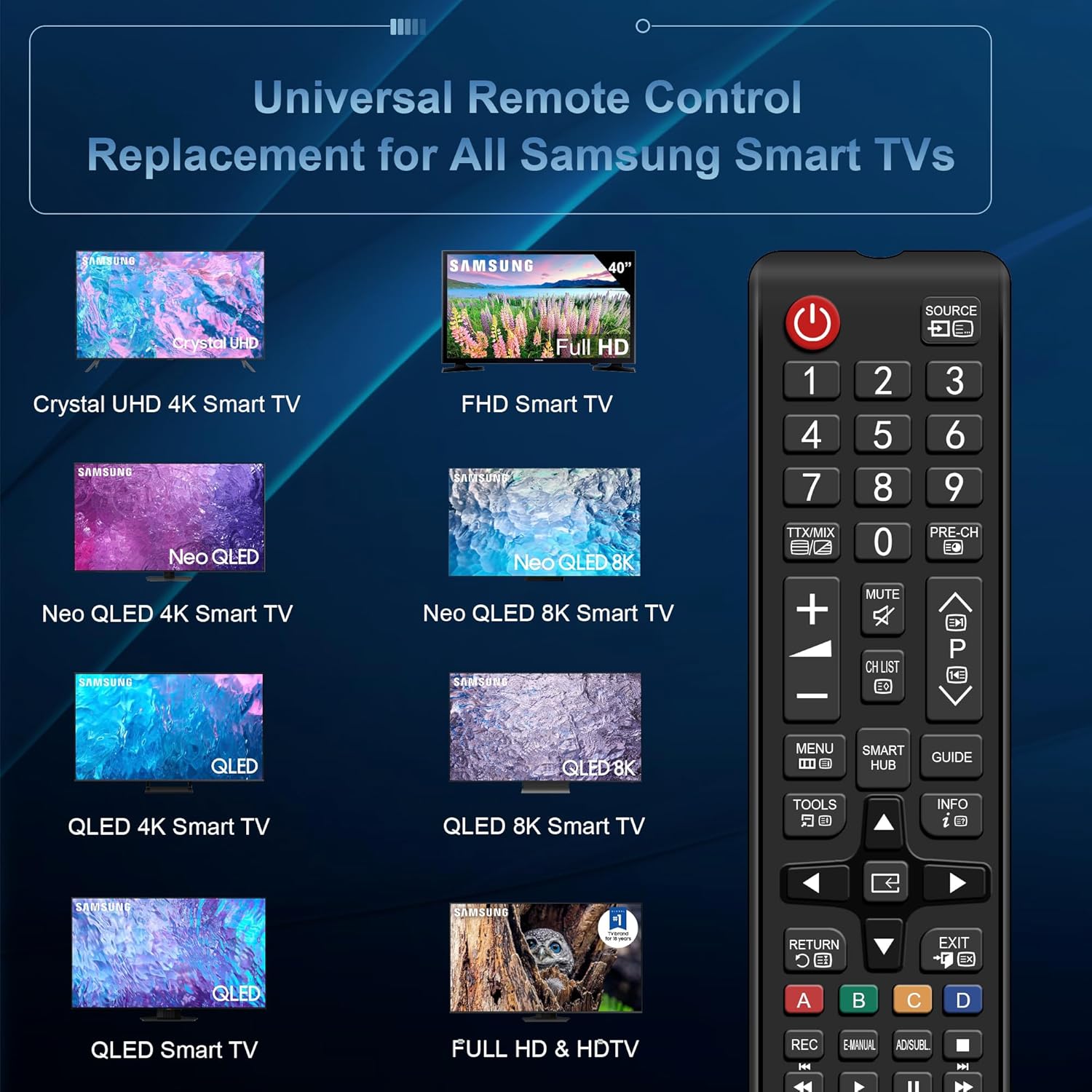 Thumbnail 1 de Universal Replacement Infrared Remote for Samsung Smart TVs (BN59-01175N, AA59-00603A etc) – No Setup Needed