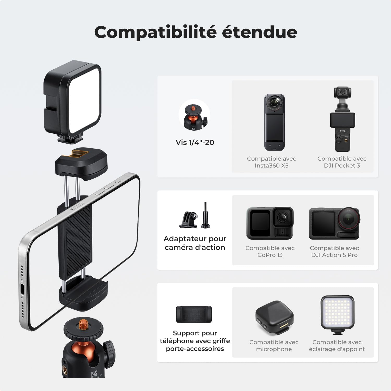 Detalle de K&F CONCEPT MS62 Perche à Selfie 65 cm – Trépied léger et compact pour smartphone et caméra d’action