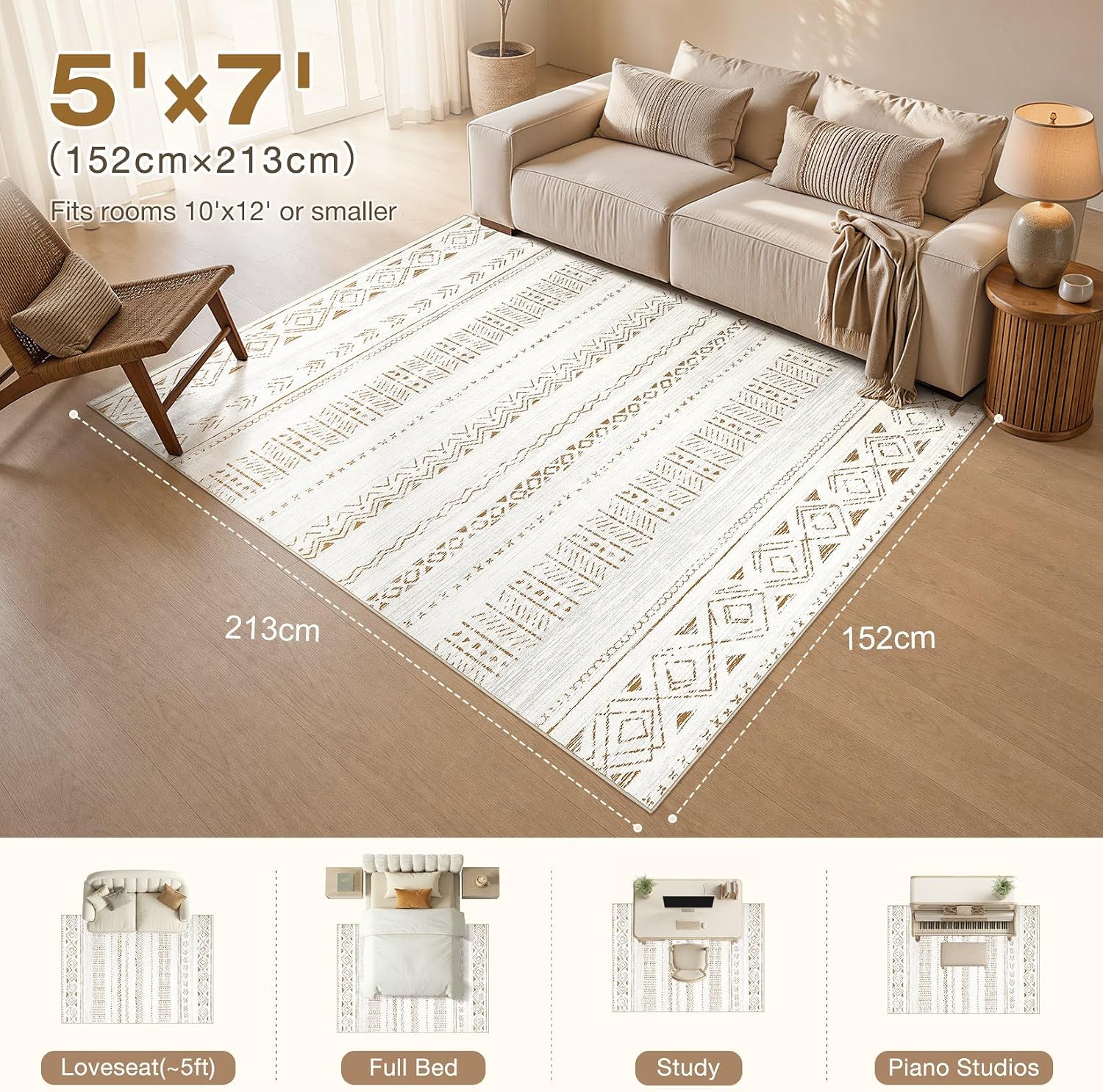 Detalle de cotiled 5x7 Boho Washable Area Rug with Non-Slip Backing (Brown/Cream)