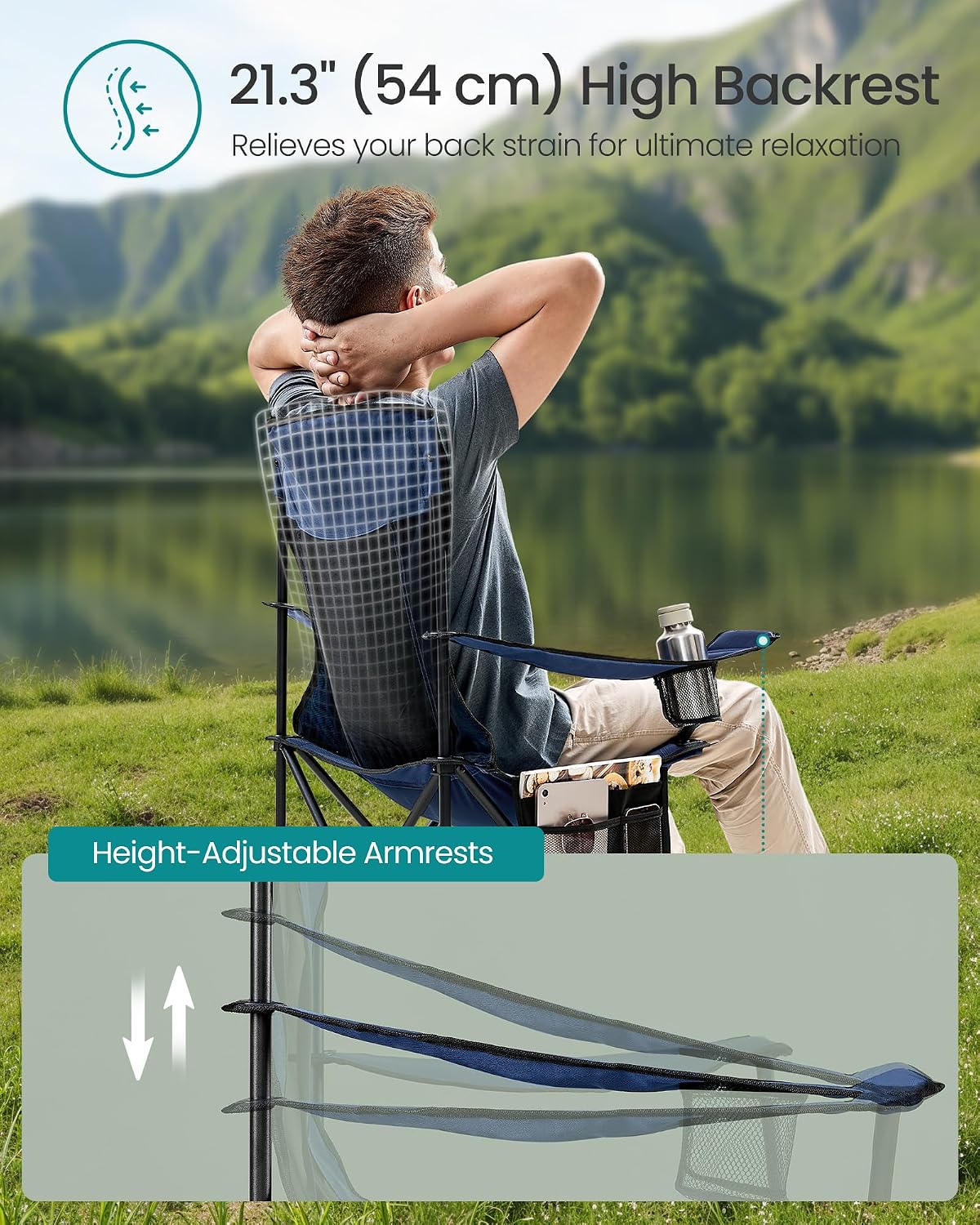 Detalle de SONGMICS Breathable Camping Chairs (Set of 2) UGCB028Q01 with Adjustable Armrests, Drink Holder, High Back