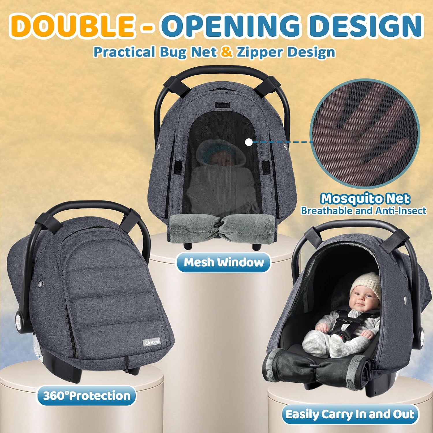 Detalle 2 de Orzbow Winter Car Seat Cover, Waterproof Baby Canopy with Zipper Access, Dark Gray