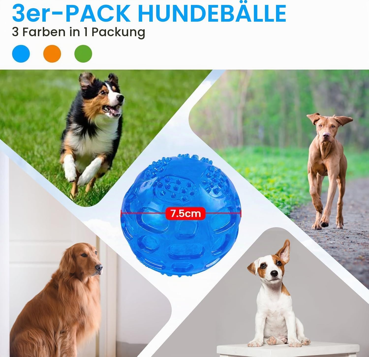Detalle de PETTOM Quietschball Set 3er-Pack – Unzerstörbar, schwimmfähig, 7,5 cm