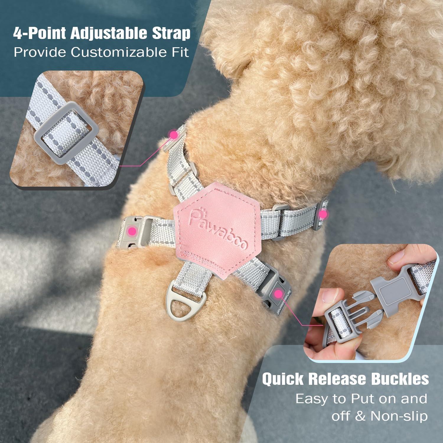 Detalle de Pawaboo Puppy Harness and Lead Set (Small) – No Pull No Choke X-Frame Vest Harness with Adjustable Straps, Pink Daisy