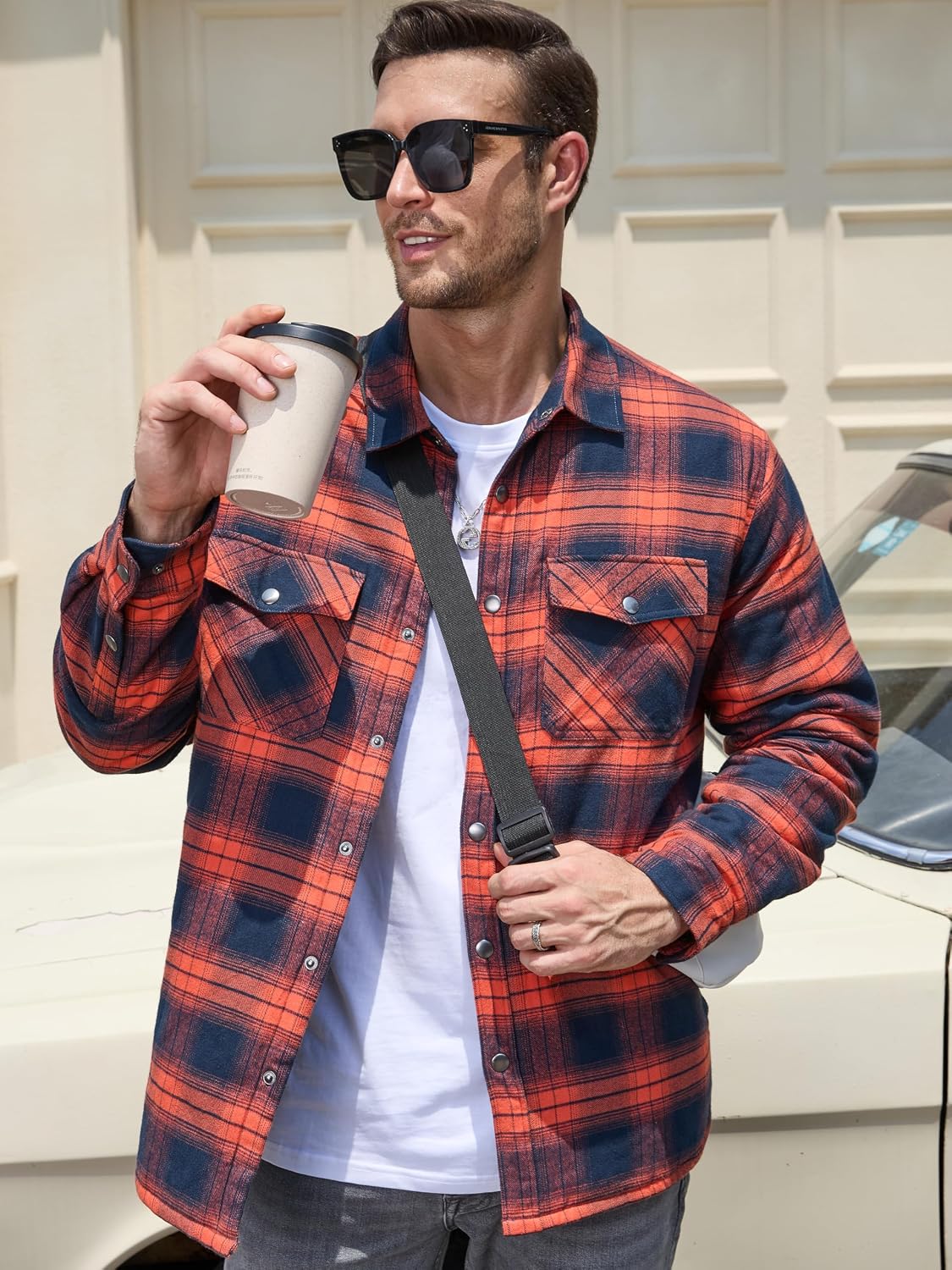 Detalle 2 de TACVASEN Men's Quilted Flannel Jacket, Lightweight Check Button-Down