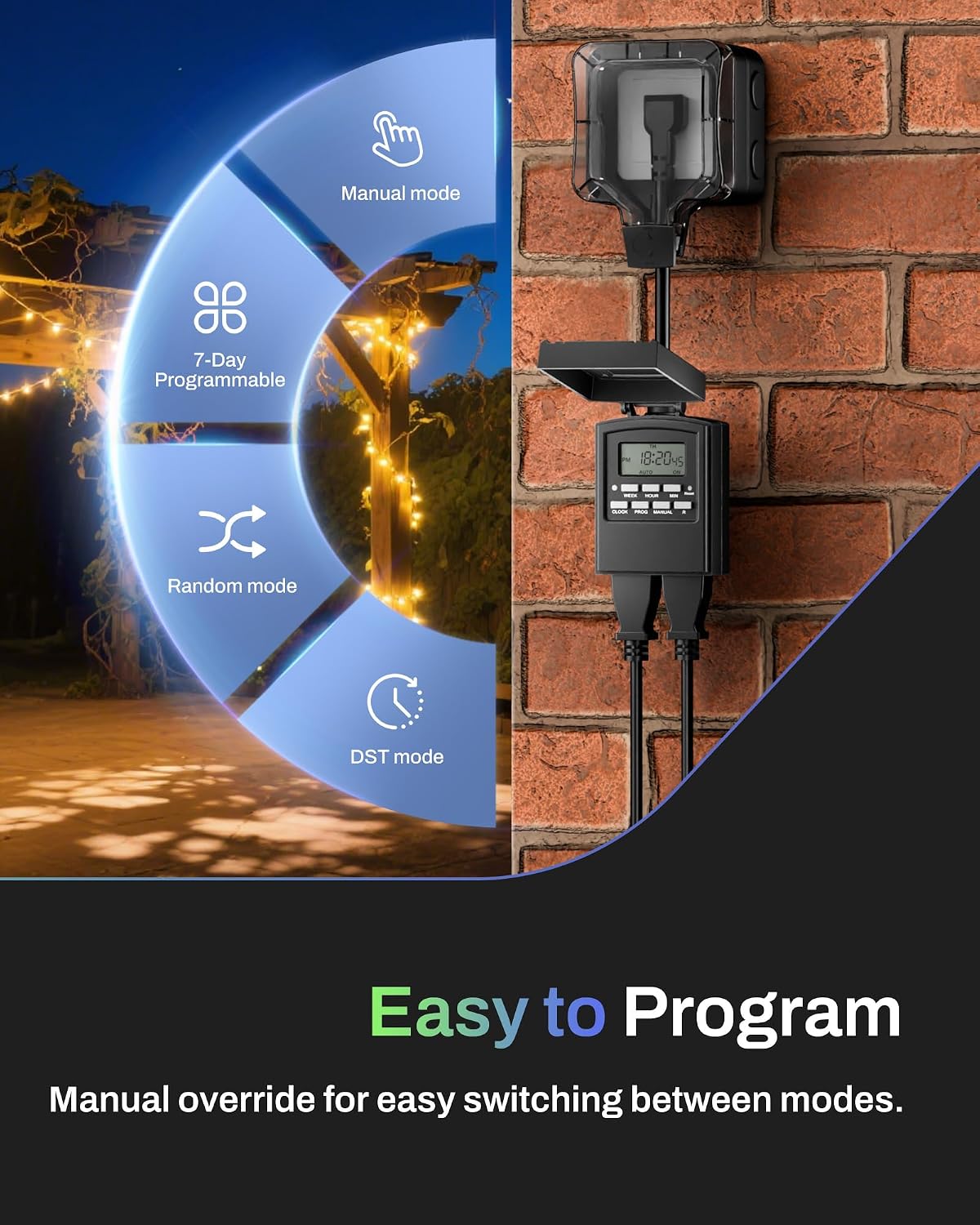 Detalle de BN-LINK Outdoor 7-Day Timer Outlet, 2-Pack, Dual Outlets, 8 Programs