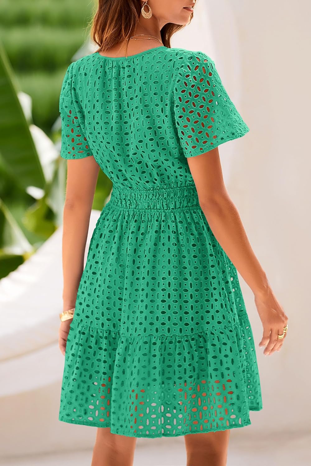 Detalle 2 de PRETTYGARDEN Women’s 2026 Summer Short Dress with V-Neck, Short Sleeves & Hollow-Out Lace