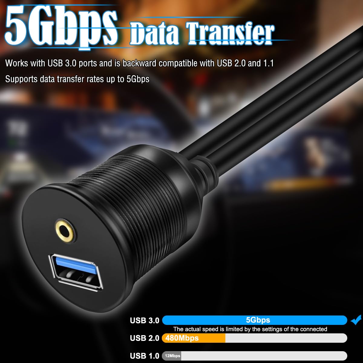 Thumbnail 4 de DAOKAI USB 3.0 + 3.5mm Audio Flush Mount Cable (1m/3ft) for Car, Truck, Boat & More