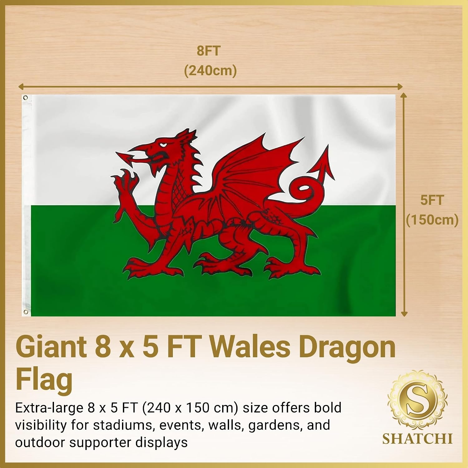 Detalle de Wales Dragon Cymru Flag 8ft x 5ft with Brass Eyelets – Large Polyester Welsh Flag Banner