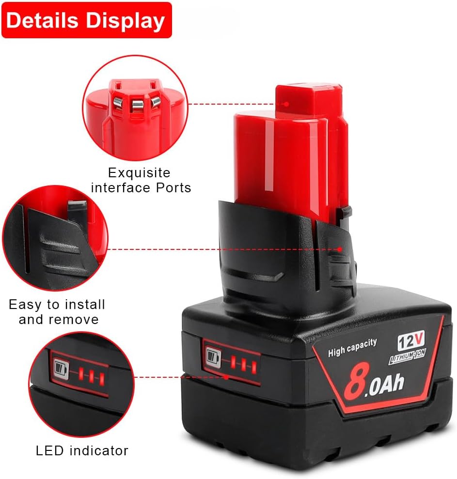 Detalle de Powarobor M12 12V 8.0Ah Replacement Battery for Milwaukee