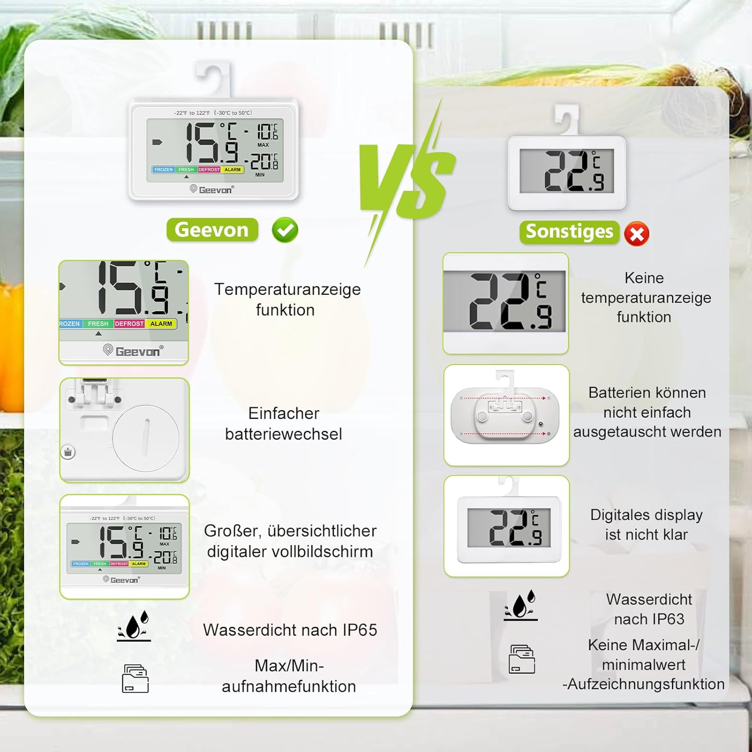 Thumbnail 2 de Geevon Kühlschrankthermometer – Digitales Mini-Display Tauglich für Kühlschrank und Gefrierschrank