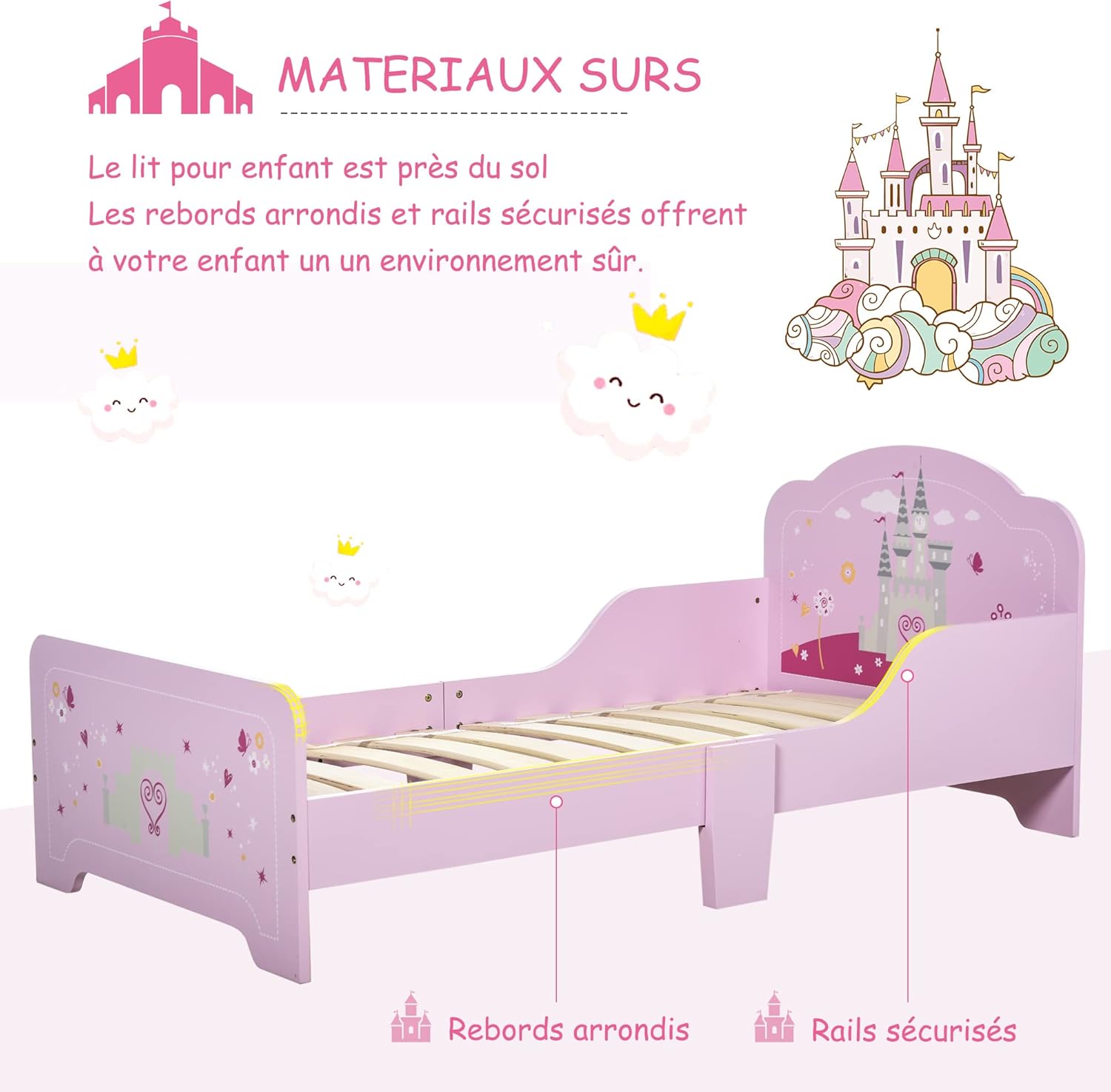 Thumbnail 3 de Lit enfant HOMCOM 140 x 70 cm – design Princesse château rose avec sommier à lattes inclus
