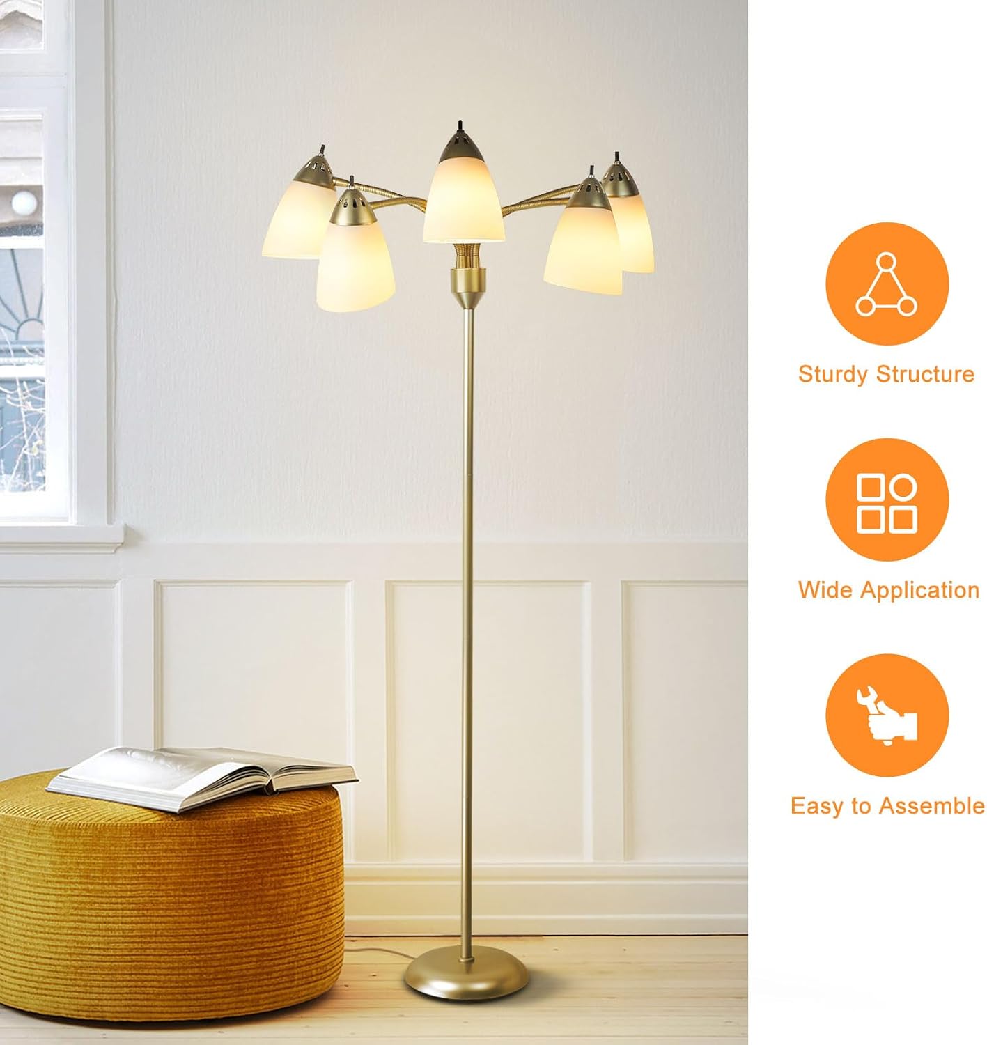Detalle de 5 Way LED Floor Lamp | Modern Gold Tree with 10 Shades (5 White, 5 Colourful)