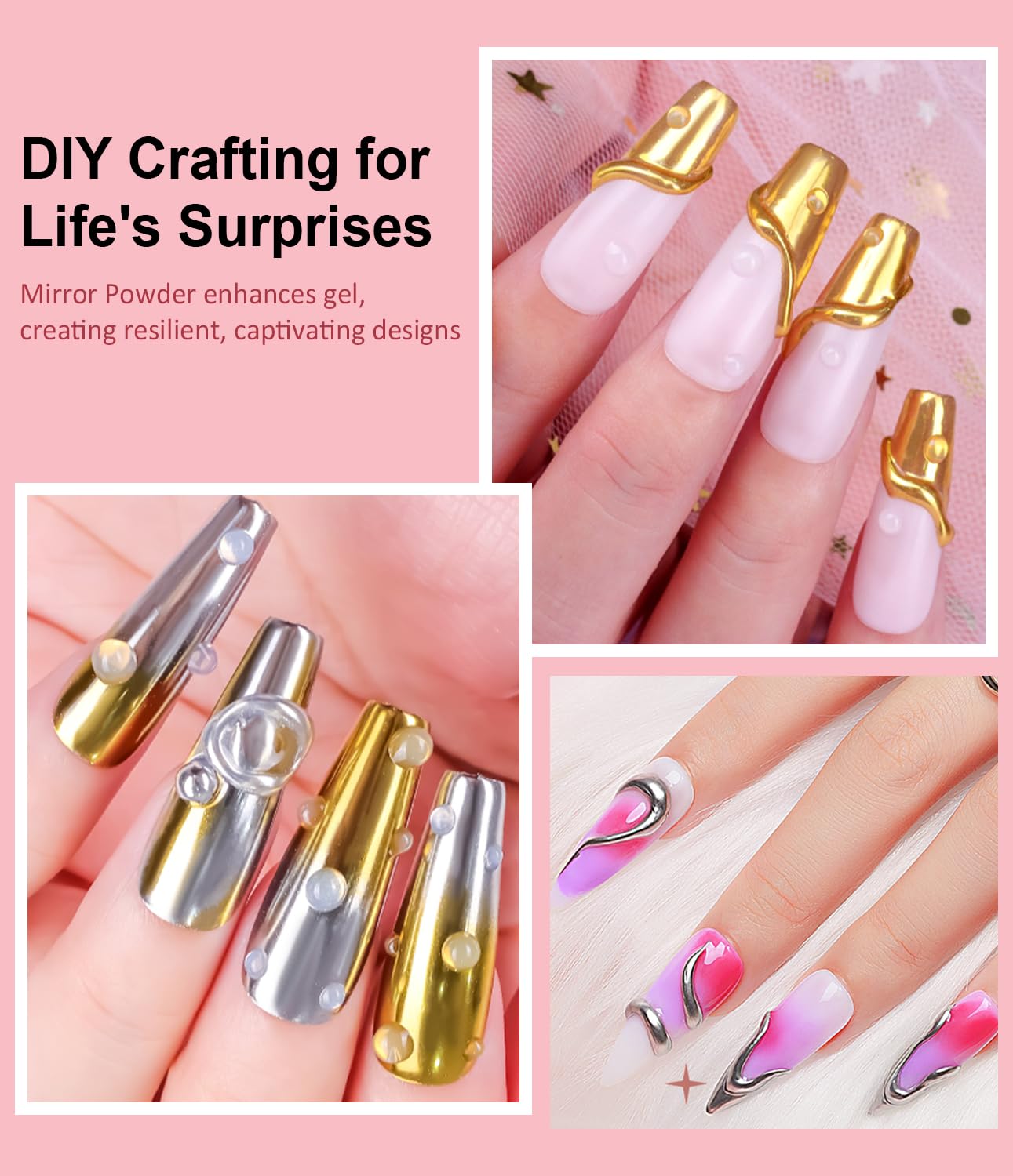 Detalle 2 de BISHENGYF Multifunktions 3D Gel Nail Art Set – Chrome-Glitzer & 15 g Gel, 2 Chrome-Puder, rhinestone Kleber