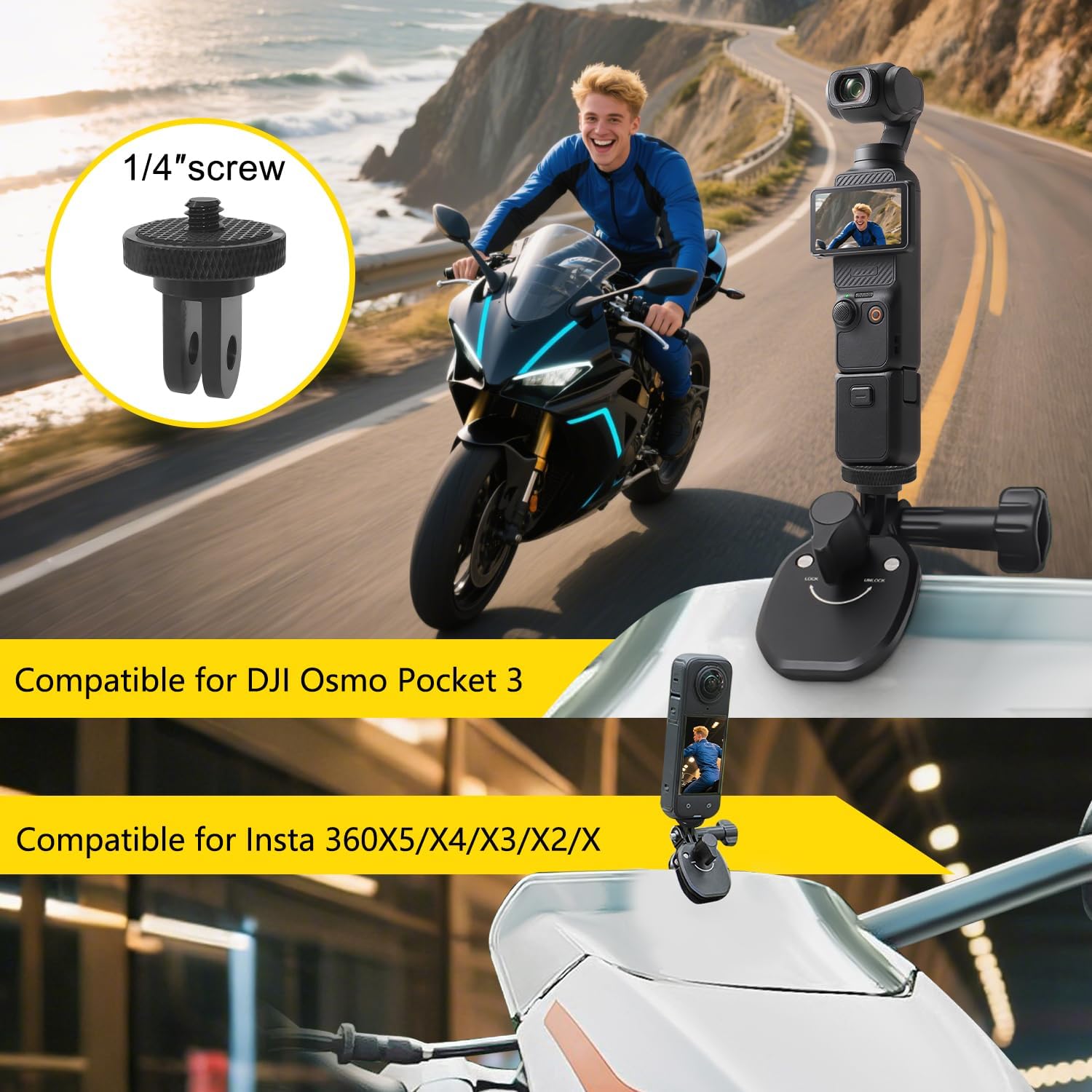 Detalle de HAFOKO Motorcycle Windshield Mount for Action Cameras – CNC Aluminium Clip, 180° Adjustment