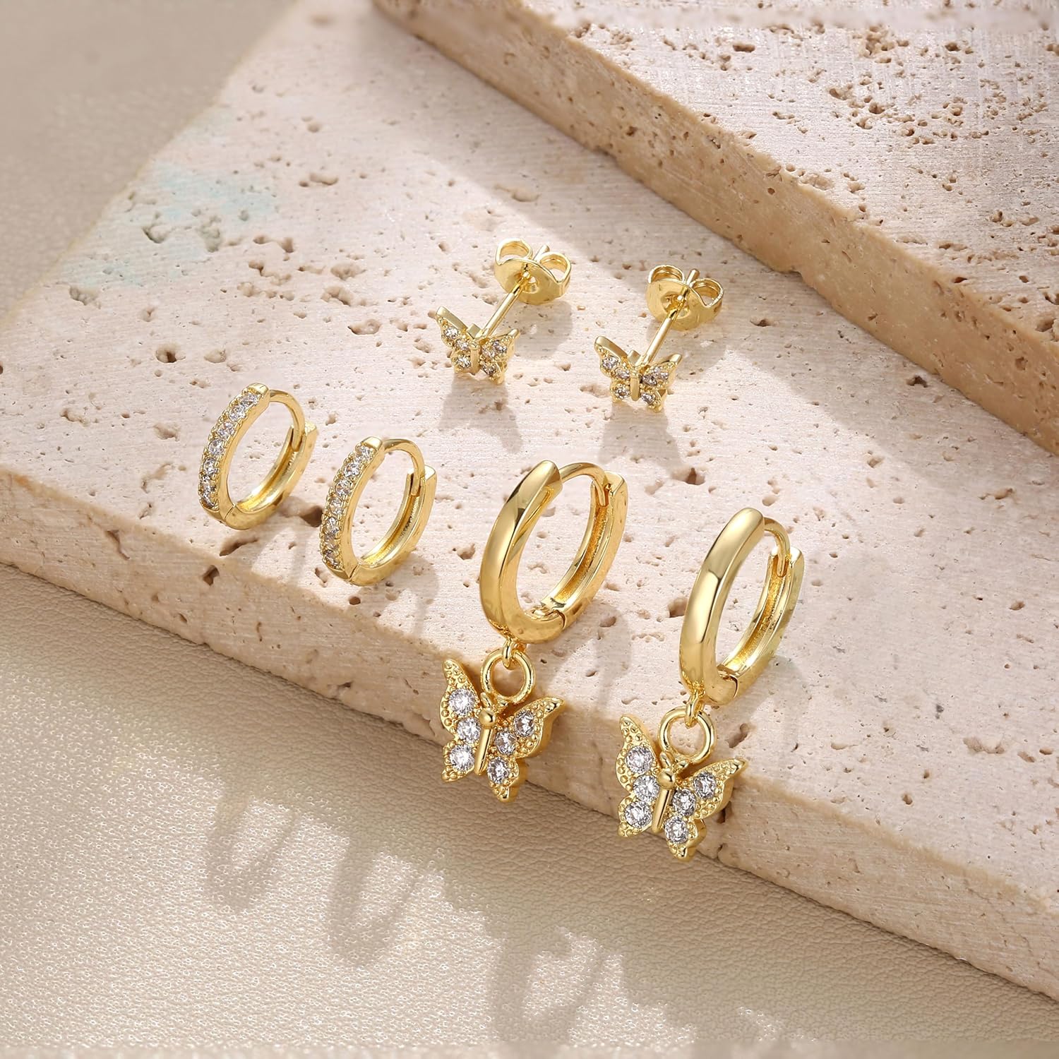 Detalle de Dochais 3er Set Ohrringe Gold – 14K Vergoldete Ohrstecker & Anhänger, hypoallergen, wasserfest