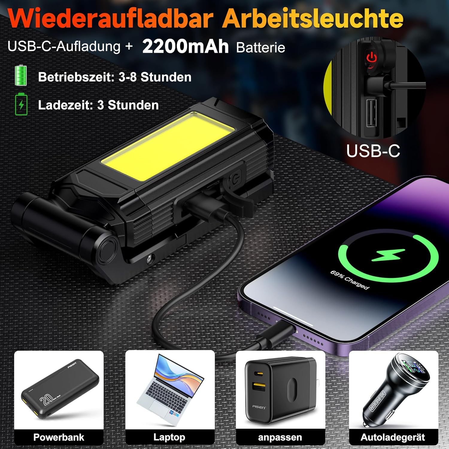 Thumbnail 5 de Daphomeu LED Taschenlampe mit Magnet – 2er-Set akkubetriebene COB-Arbeitsleuchte mit Schwenkfunktion