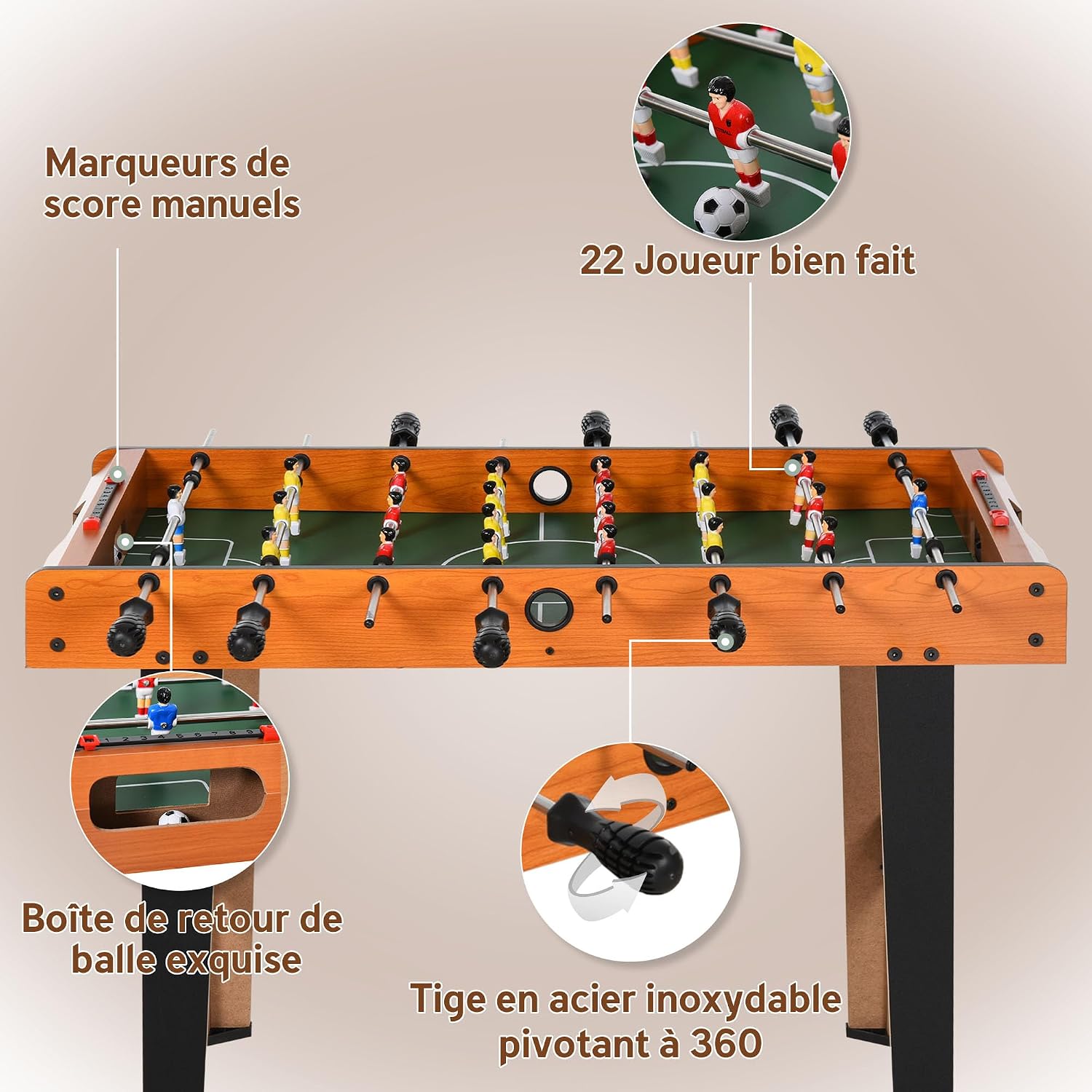 Detalle de HOMCOM Mini babyfoot Compact et Solide — Table de jeu familiale 22 joueurs, 2 balles et marqueurs de score
