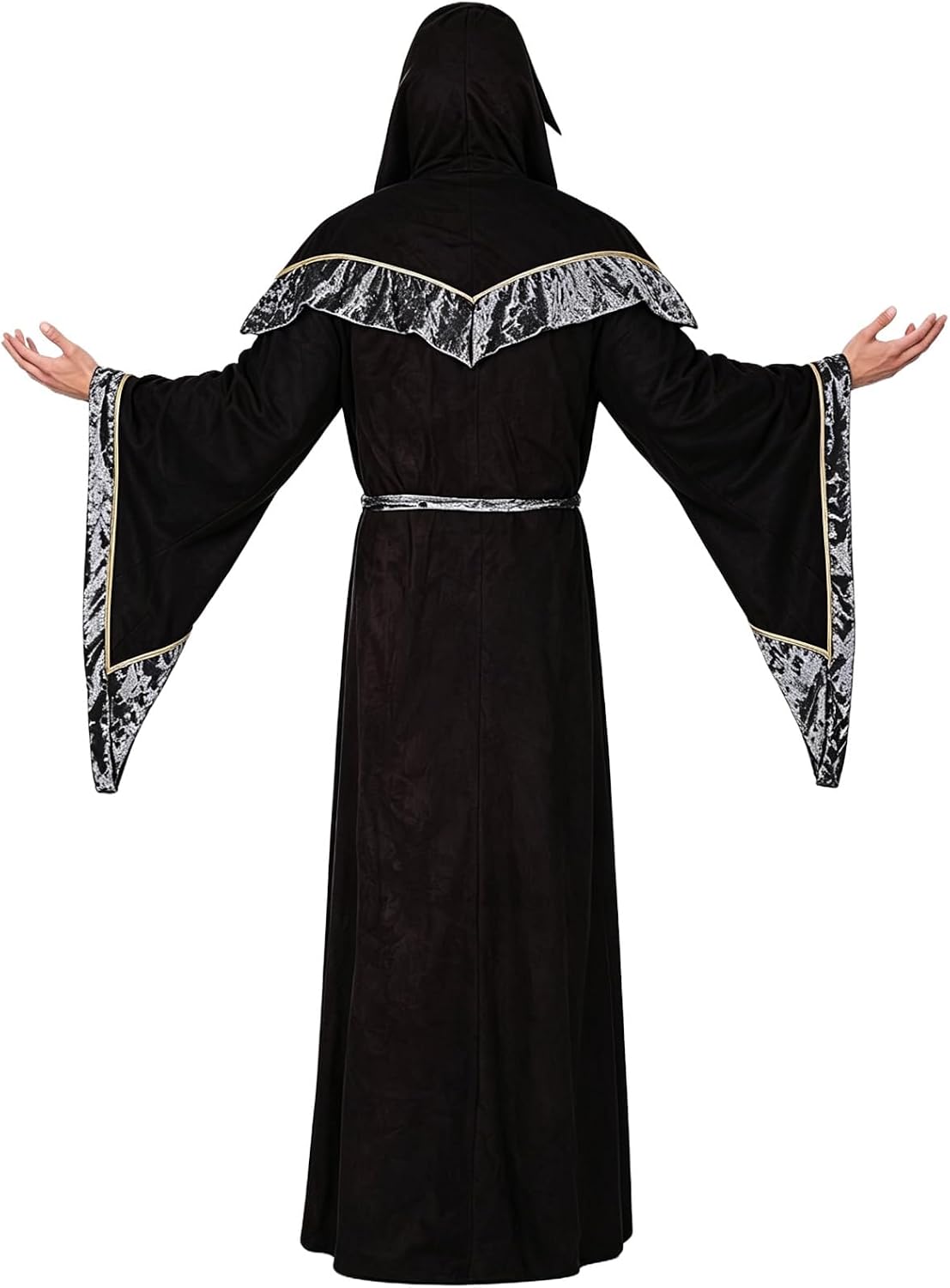 Detalle de WISHU Sorcerer Robe Costume with Hood, Silver Trim and Wide Sleeves