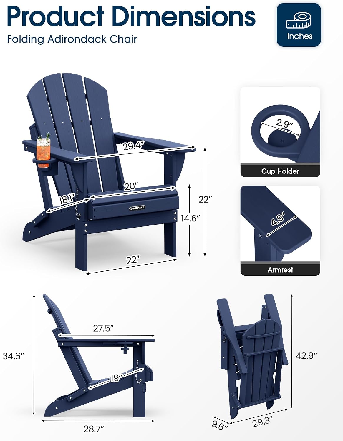 Detalle de MUCHENGHY Folding Adirondack Chair Set of 2, Dark Navy HDPE, Cup Holder