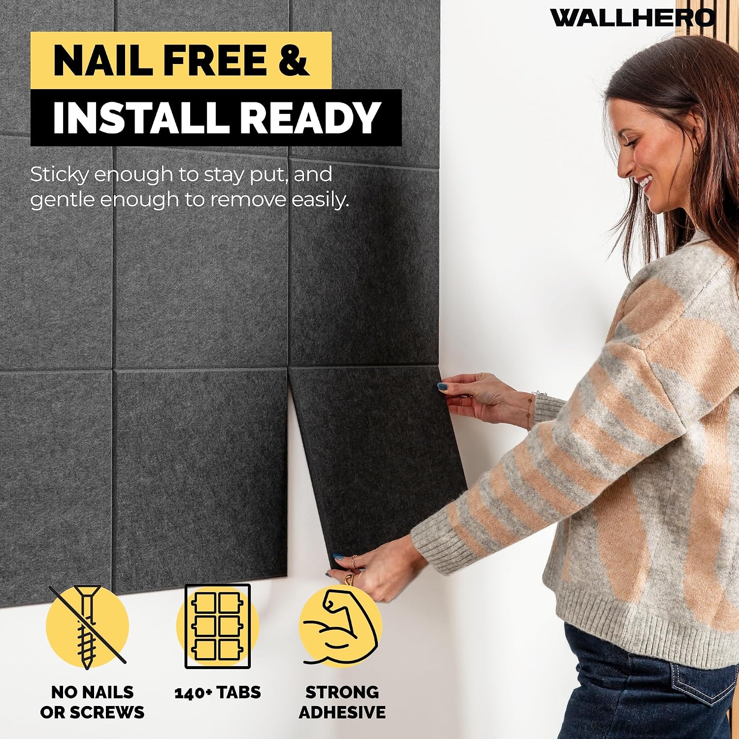 Detalle 2 de WallHero 15x_12inch Felt Bulletin Board Tiles, 15-Pack, Charcoal