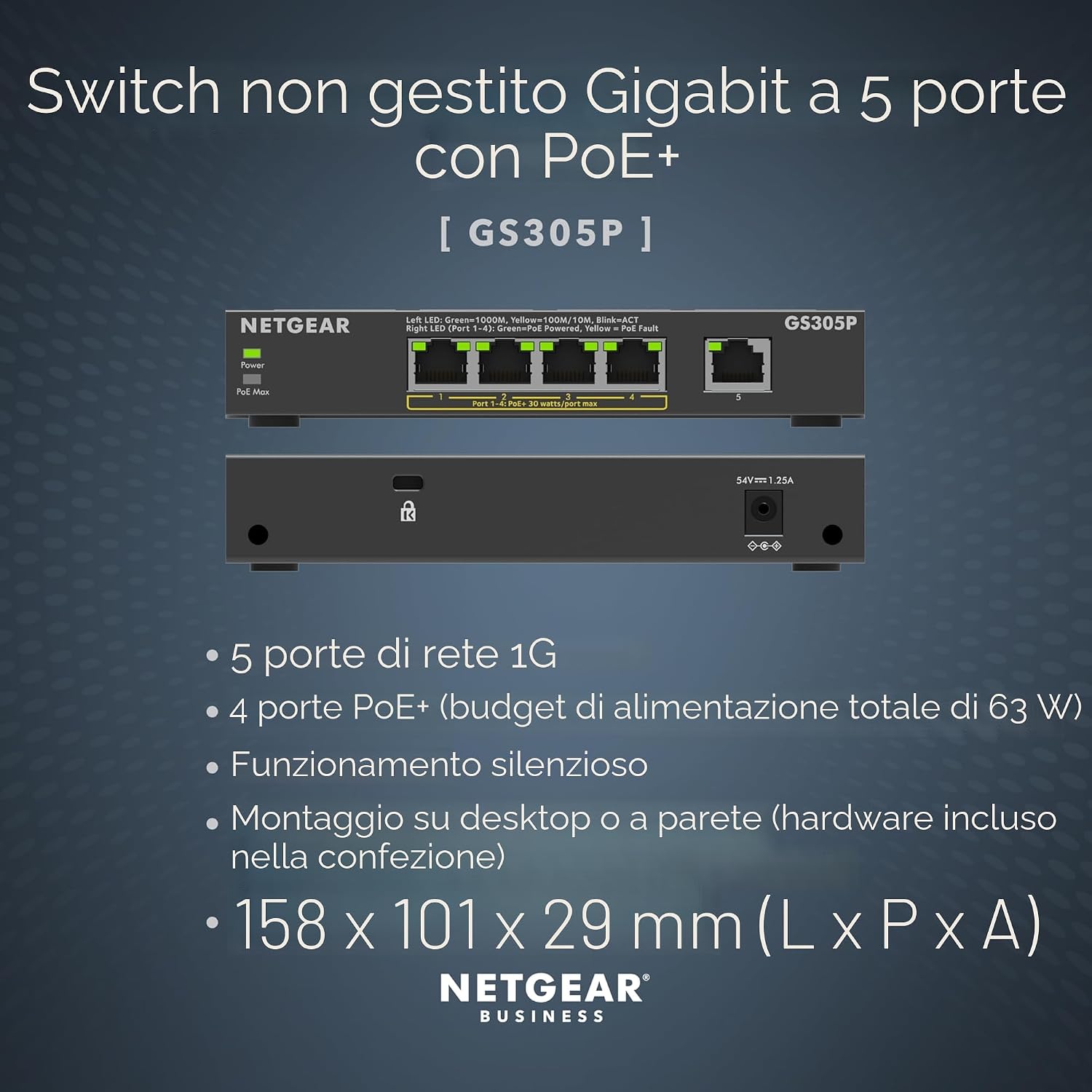 Detalle 2 de NETGEAR GS305P switch Ethernet unmanaged PoE+ a 5 porte (4 PoE+ fino a 63 W)