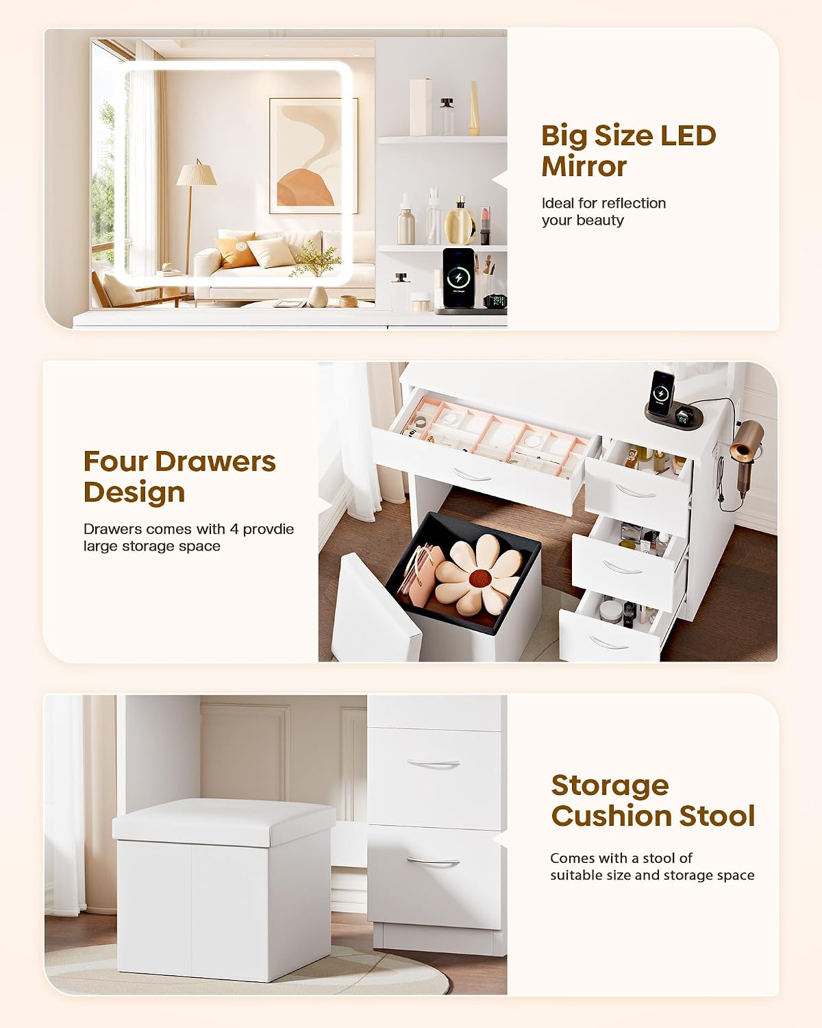 Detalle 1 de LIVELYGLOW E124-028 White Makeup Vanity Desk with LED Mirror and 4 Drawers