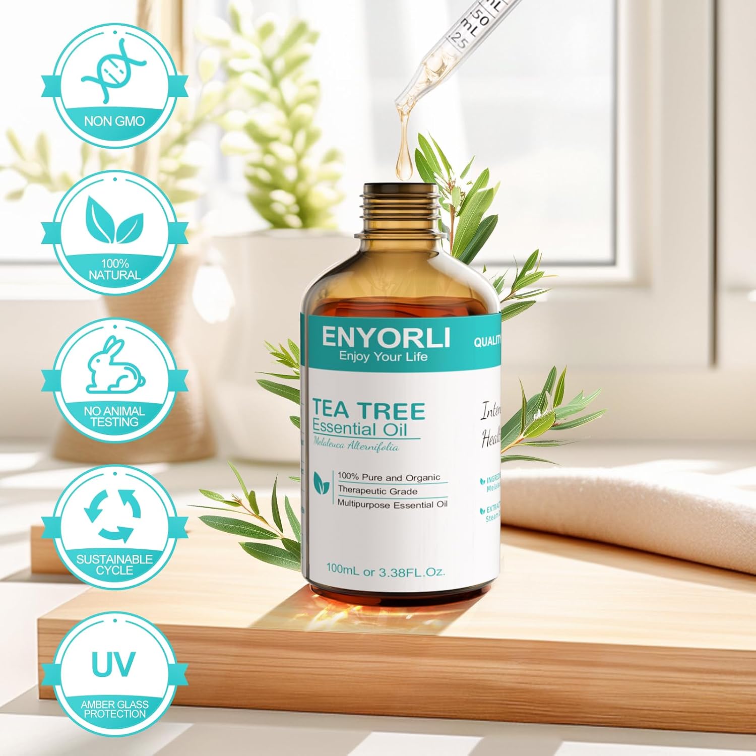 Detalle 2 de ENYORLI USJY14 tea tree olie 100 ml, puur en stoomgedestilleerd