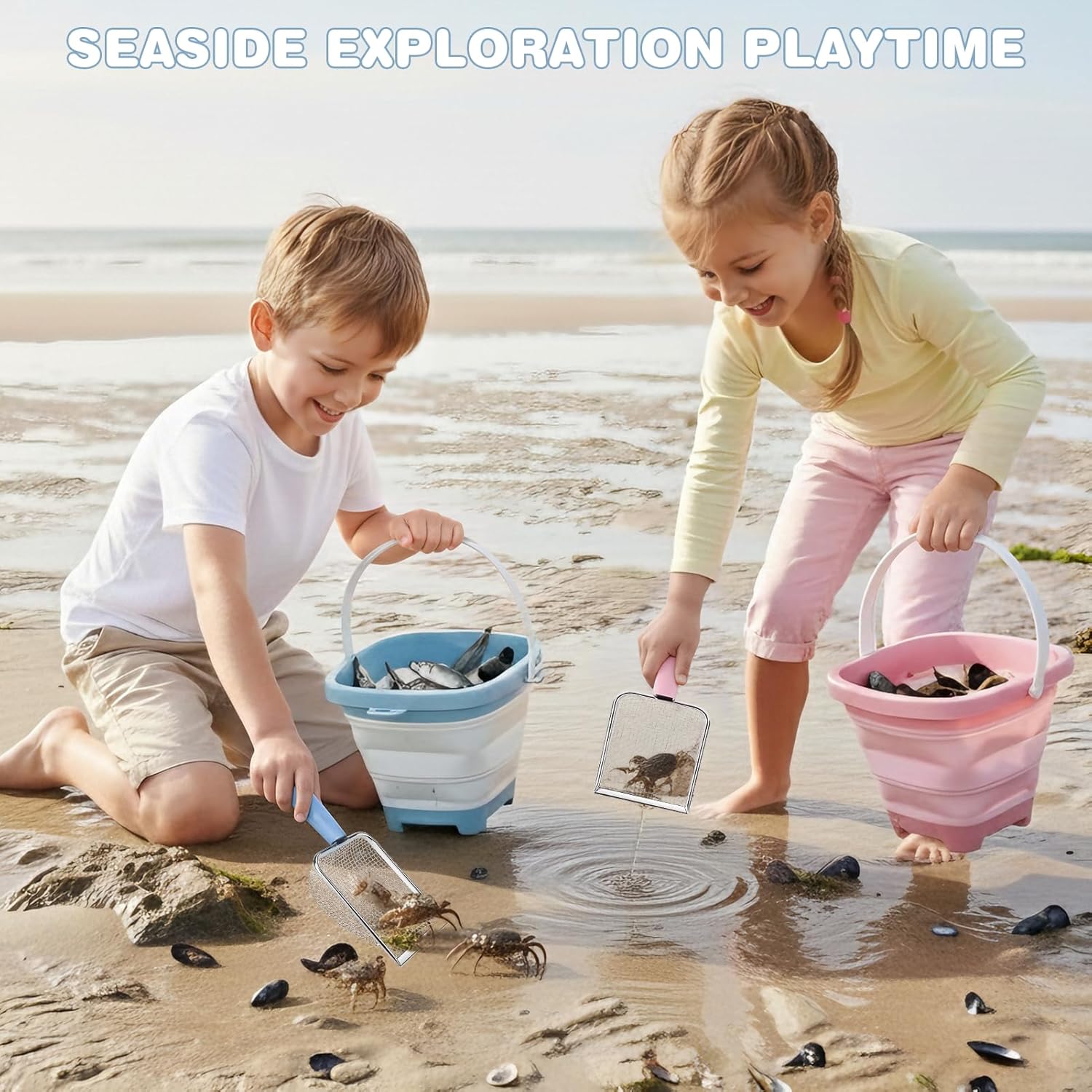 Detalle de Dreamon Beach Sand Toys 3 Set: Collapsible Buckets, Shovels & More for Shared Beach Fun