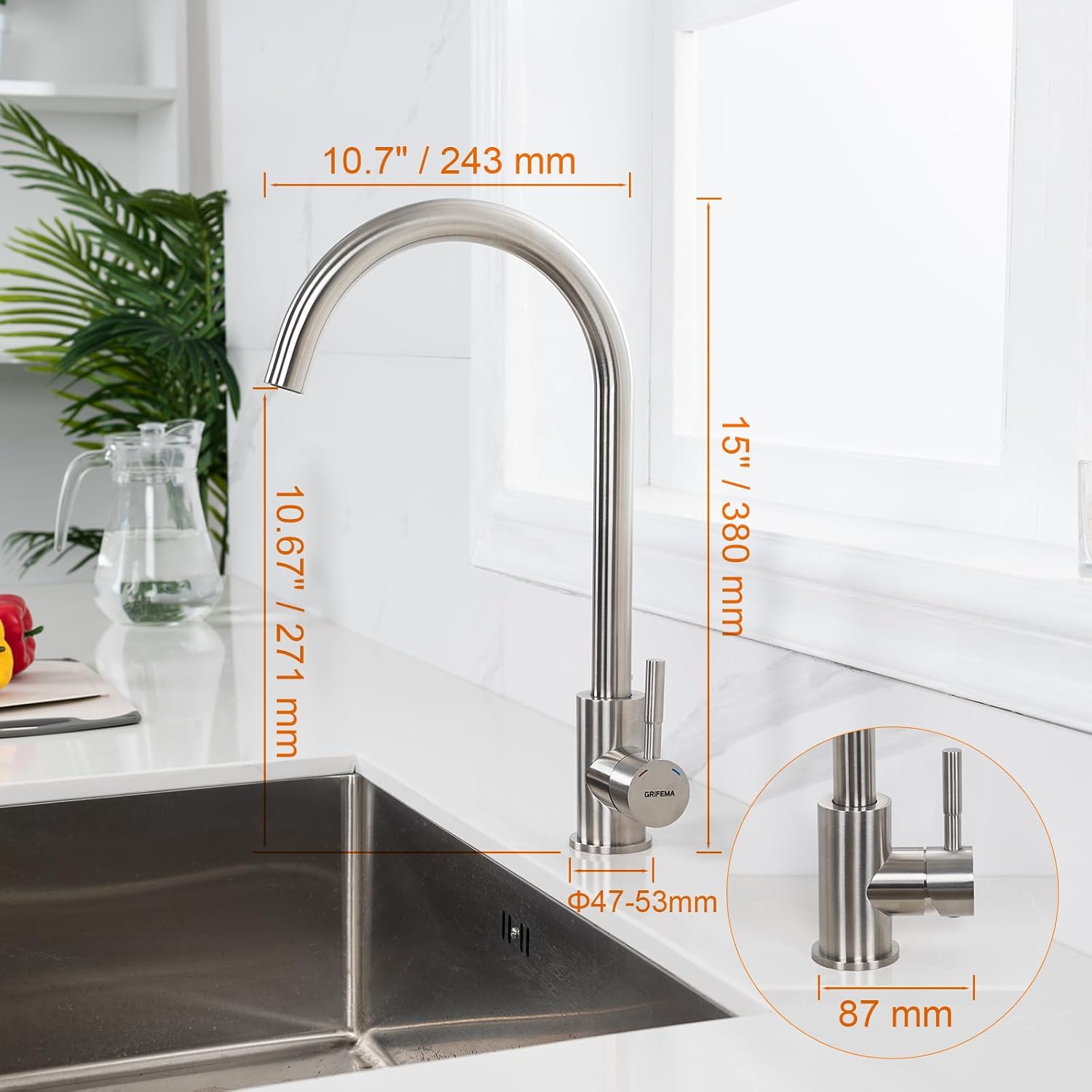 Detalle 2 de GRIFEMA Niederdruck Armatur Küche – 360° Drehbar, leicht zu reinigen und für Boiler geeignet
