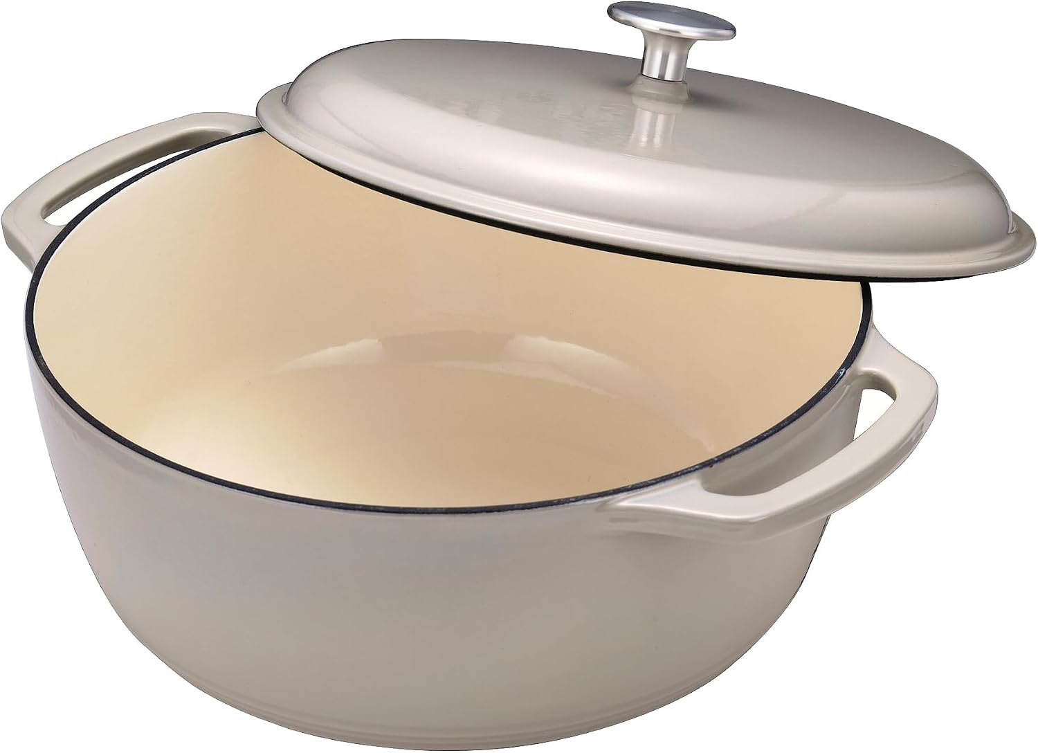 Detalle de Amazon Basics Cast Iron Casserole Dish with Lid, Linen Grey, 6.9 L