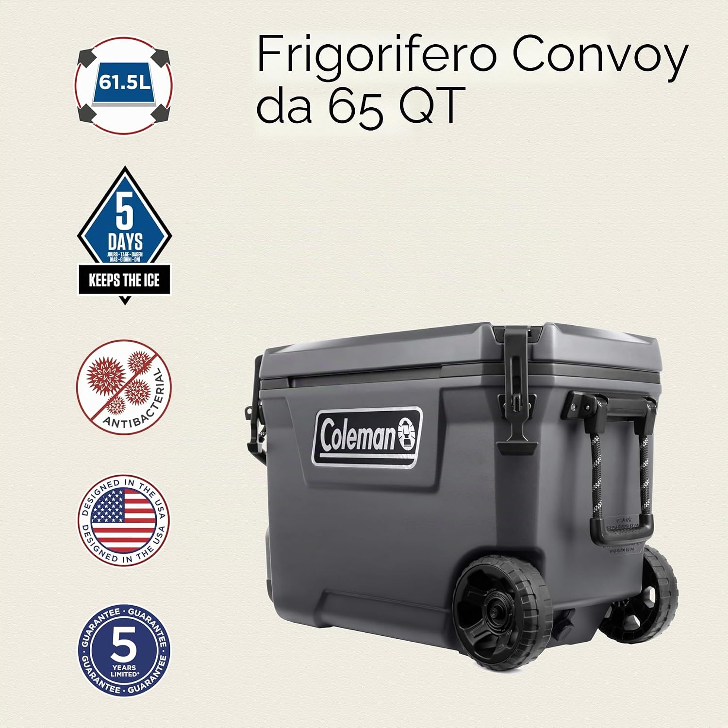 Detalle de Coleman Convoy 65QT: ghiacciaia rigida con ruote, 66 L, isolamento completo e uso versatile per outdoors