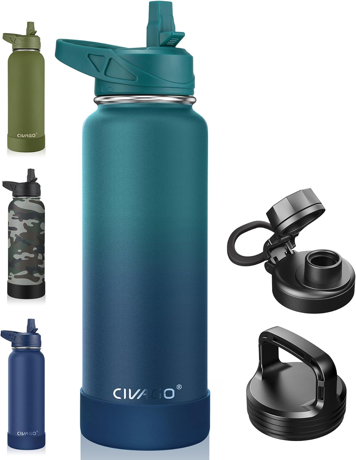 Thumbnail 6 de CIVAGO 32 oz Insulated Water Bottle with Straw — Stainless Steel, 3Lids, Wide Mouth