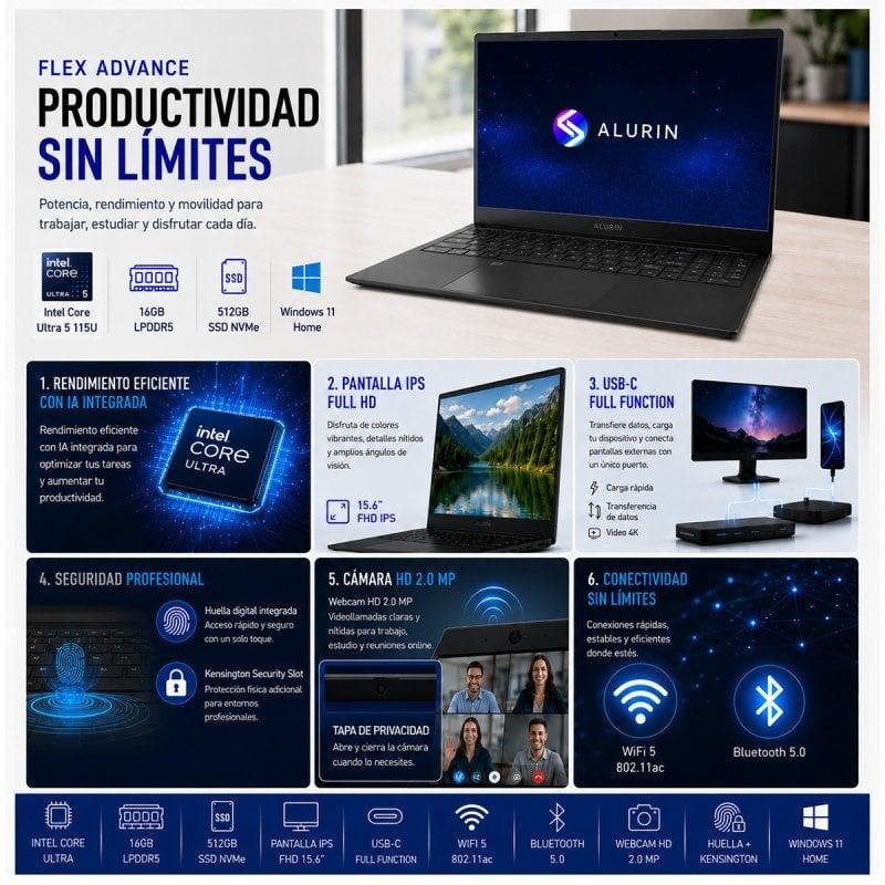Detalle 2 de Portátil Alurin Flex Advance: potencia y conectividad en 15,6" para clase y uso diario