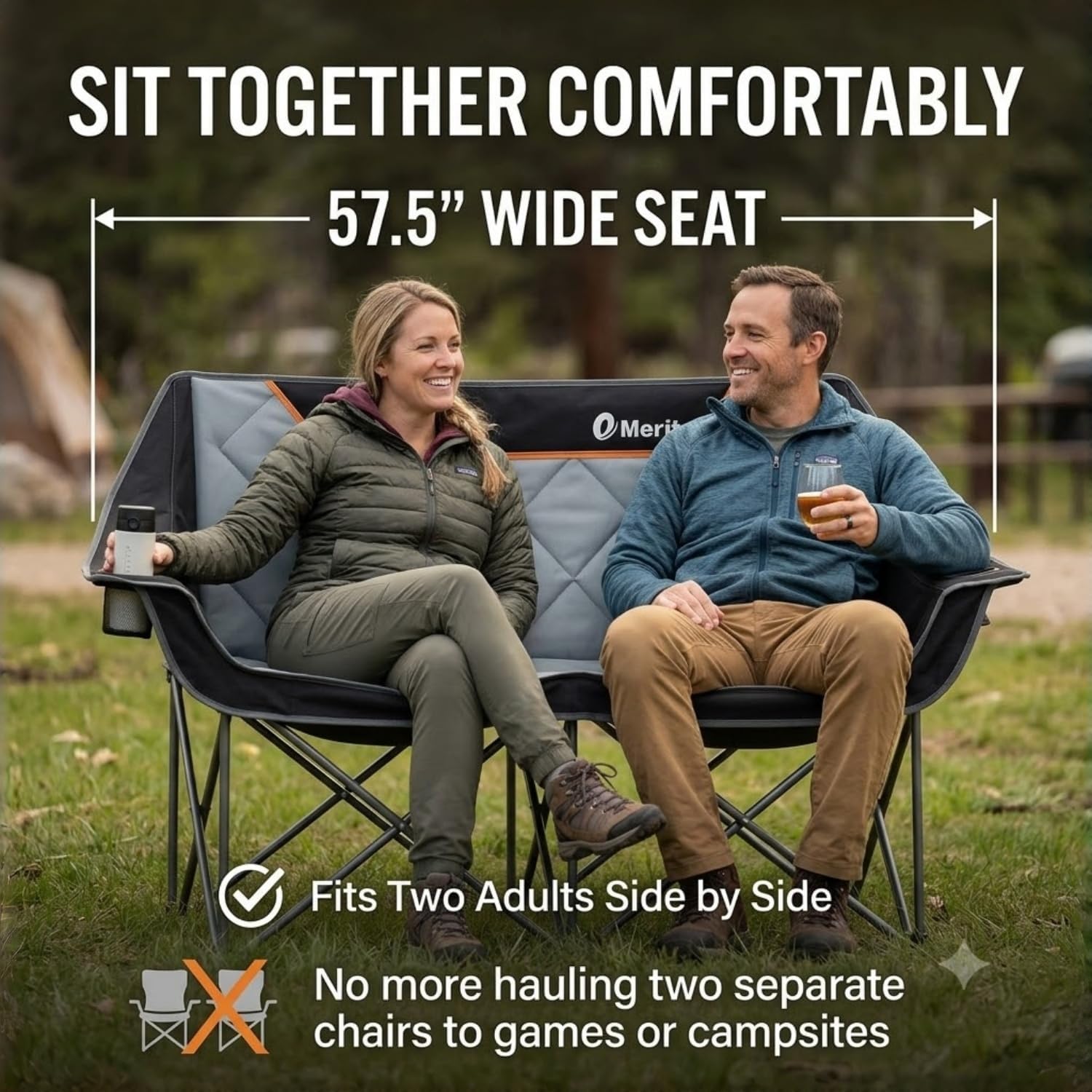 Detalle de EMERIT Oversized Fully Padded Camping Chair — 650 lb Capacity Quad Fold Loveseat