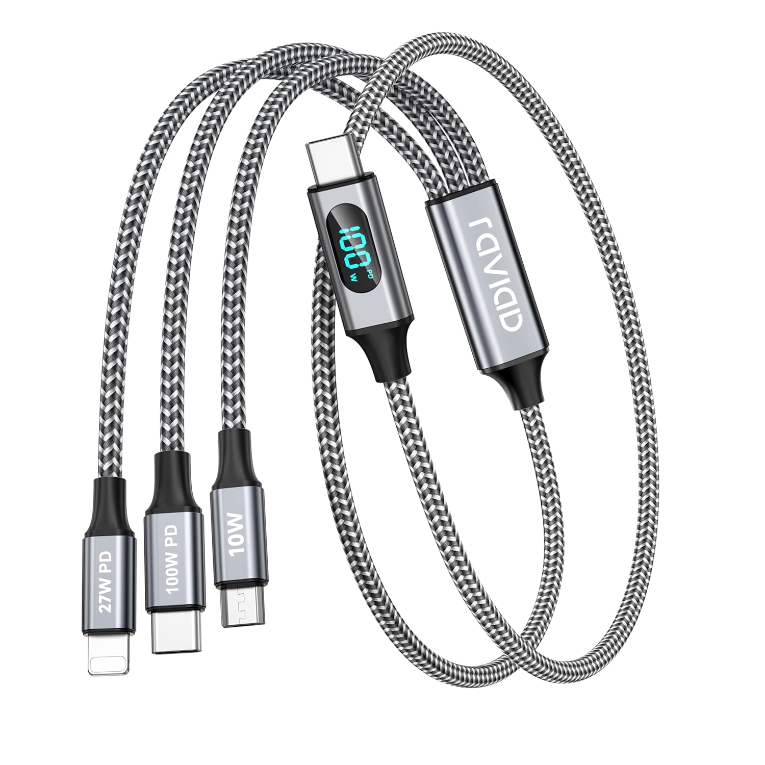 Detalle de RAVIAD 100W USB-C Multi-Ladekabel 50 cm – 3-in-1 mit LED-Anzeige und 100W Power Delivery