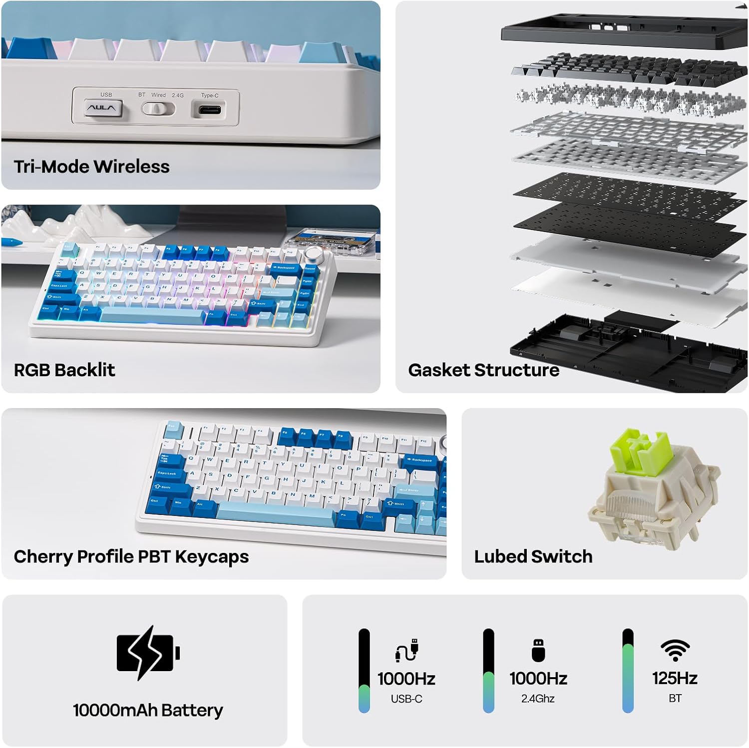 Thumbnail 2 de EPOMAKER AULA F75 Ultra Wireless Mechanical Keyboard (White, Reaper Switch)