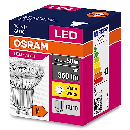 Detalle de Osram LED Star Value PAR16 GU10 36° Reflektor-Lampe, 4,3 W, 2700 K, Glas, 10er-Pack (Energieklasse F)