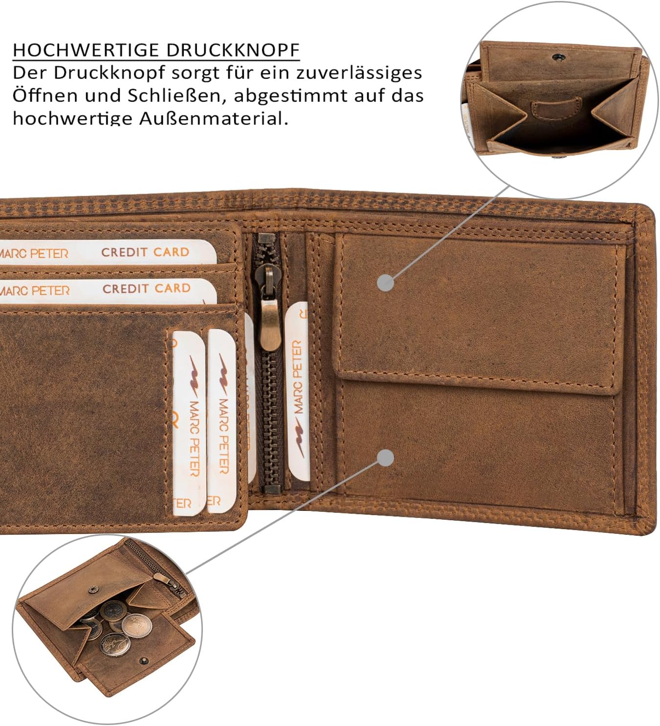 Detalle de Marc Peter® Echt-Leder Geldbörse Hanover – RFID-Schutz, 10 Fächer, Vintage Braun