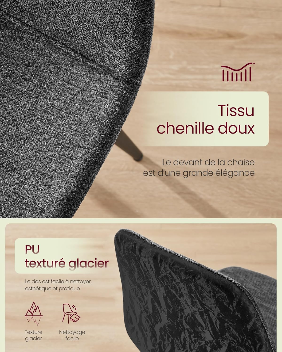 Detalle de VASAGLE Chaises de Salle à Manger — Lot de 4, Structure Métallique, Tissu Chenille et PU Glacé, Gris Ardoise (KDC188G01)