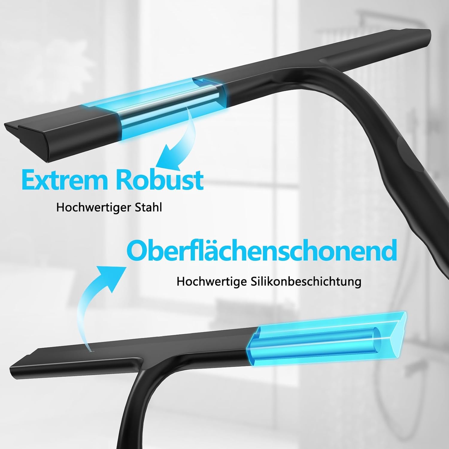 Thumbnail 3 de Duschabzieher Schwarz (Silikon, 25 cm) mit integriertem Haken – einteilig, streifenarm für Dusche & Glas