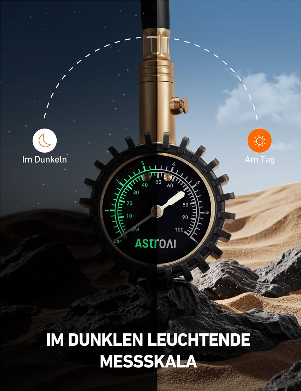 Detalle de AstroAI Reifendruckprüfer (100 PSI, zertifiziert nach ANSI B40.1) mit großer Leuchtanzeige und 0–100 PSI Messbereich