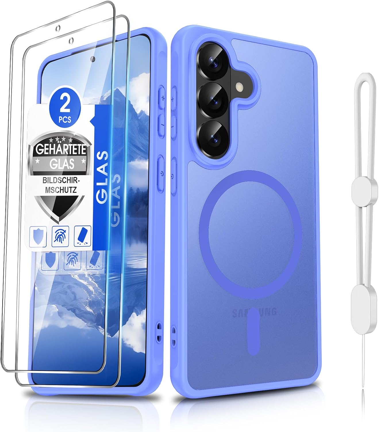 Detalle de Dizn Magnetisch Slim-Hülle für Samsung Galaxy S26+ mit MagSafe, 2 Panzerglas-Folien, Linsenschutz & Handschlaufe – Himmelblau