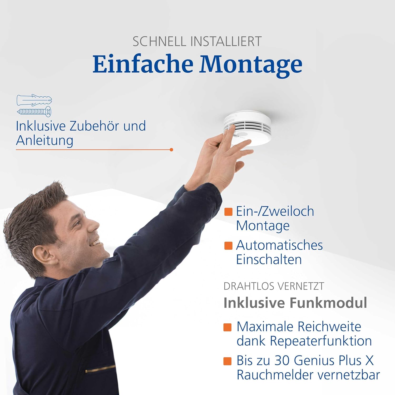 Detalle 2 de Hekatron Genius Plus Rauchmelder 2er-Set – 10 Jahre Batterie, App-Unterstützung, Made in Germany