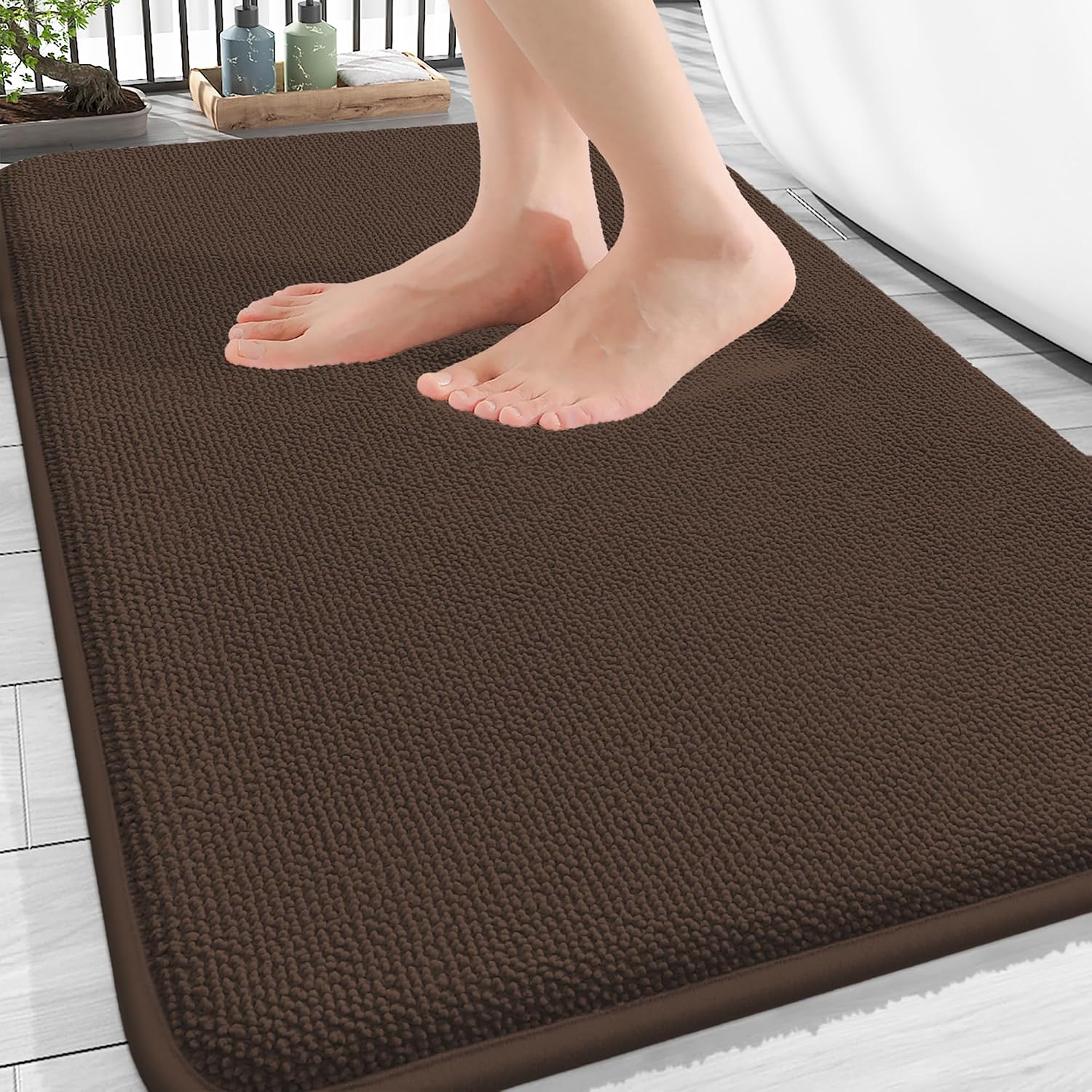 Detalle de OLANLY 30" x 20" Memory Foam Bath Mat, Brown, Absorbent and Machine Washable