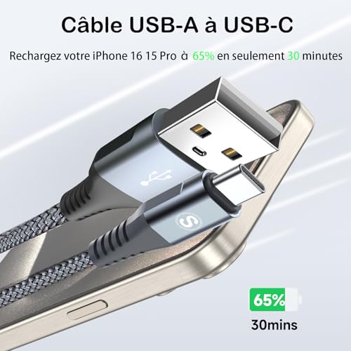Detalle de Cable USB C AviBrex 2 Pack 1m + 2m: Carga rápida 3.1A y Nylon duradero para múltiples dispositivos