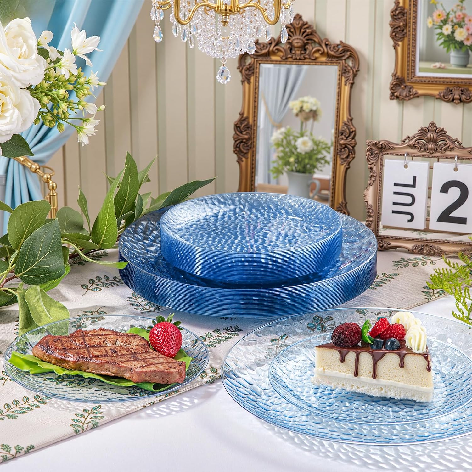 Detalle de Rubtlamp 60Pcs Blue Hammered Plastic Plates — Heavy Duty Disposable Plates (30 Dinner + 30 Dessert)