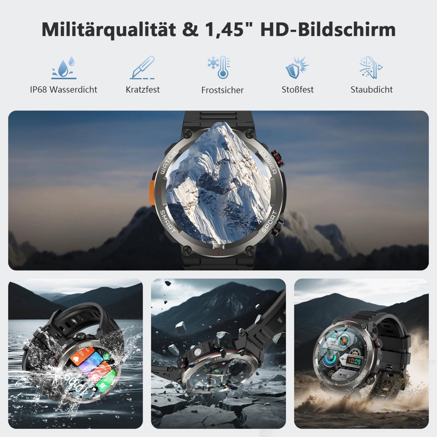 Thumbnail 1 de Montre connectée Homme Bluetooth, IP68, 30 jours d’autonomie – Noir