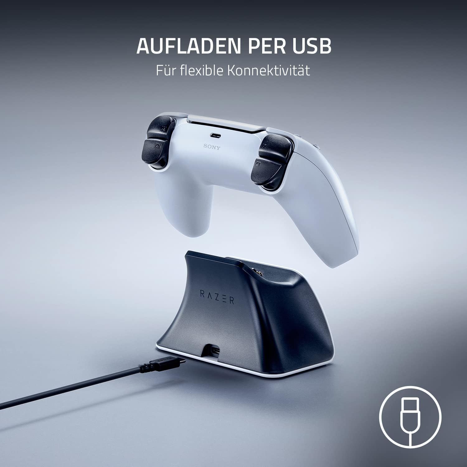 Detalle de Razer Schnellladestation für PS5 DualSense Controller – USB-Ladung, gebogenes Design, Weiß