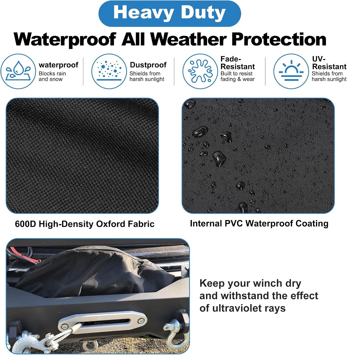 Detalle de MUAKIOY Heavy-Duty Waterproof Winch Cover (21.5” x 9.5” x 7.5”) for Electric Winches 8,500–17,500 lbs, Black